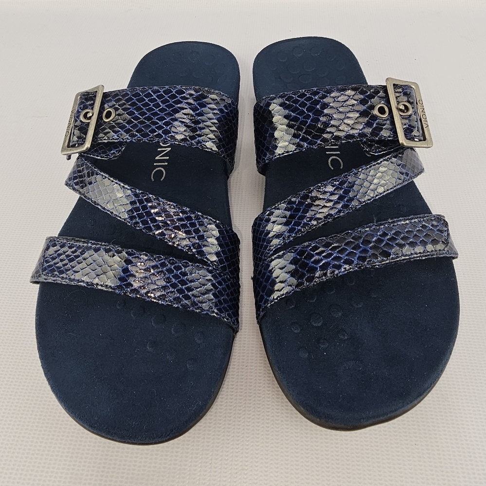 Vionic Skylar Women Adjustable Slide Orthotic Sandals Navy Snak Skin Embossed 7W - Picture 2 of 6